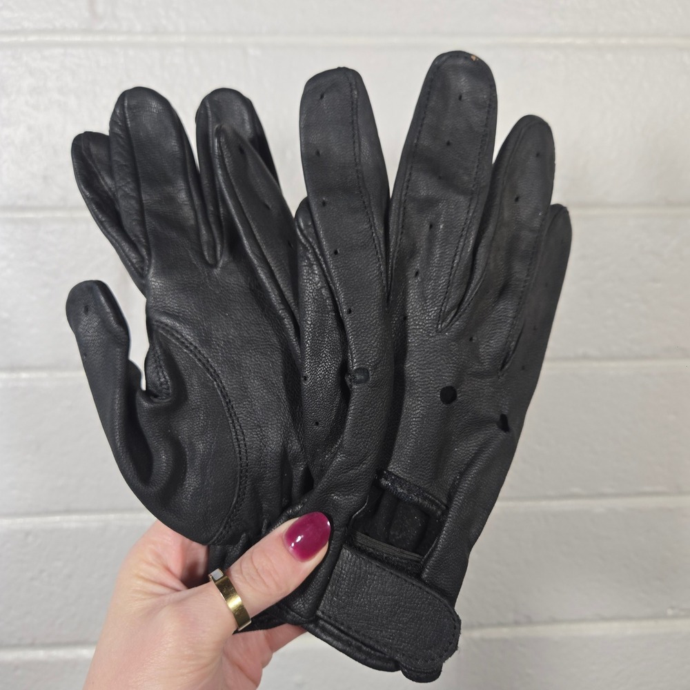 Vtg Black Leather Driving Gloves Womens Large Perforated Moto Biker Goth Emo